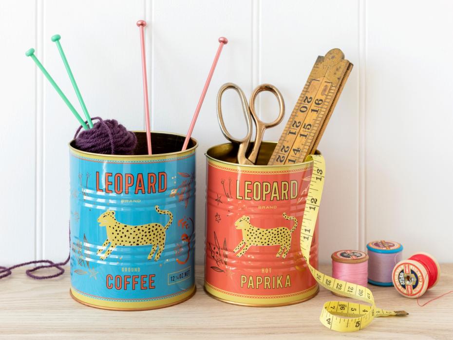 Leopard tins - used for knitting and sewing supplies